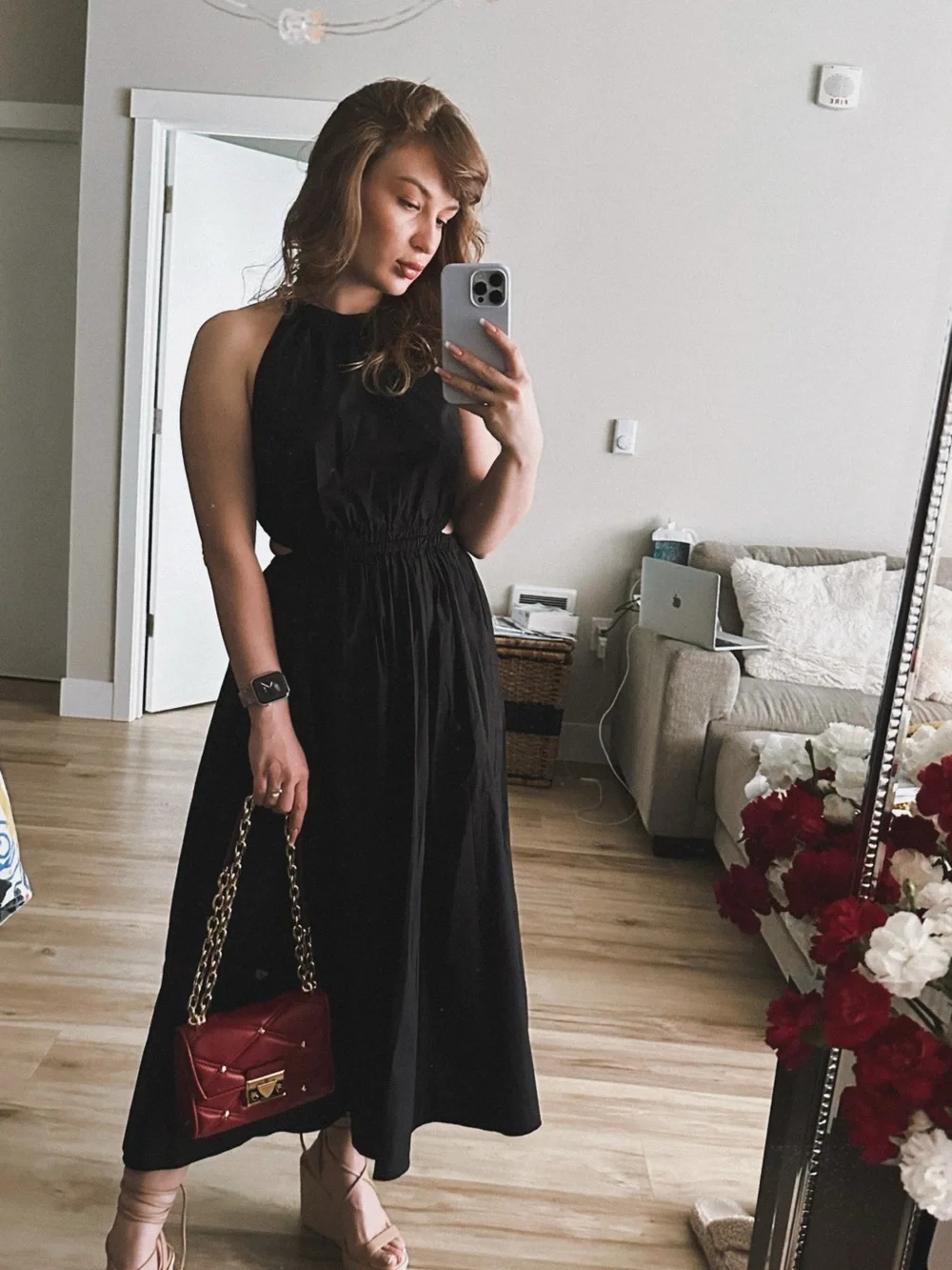 Michael Kors Black Midi Dress with Chain-Strap Detail